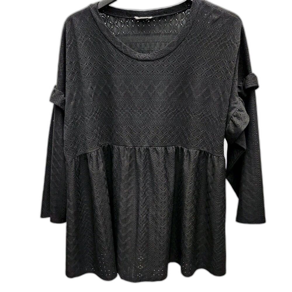 CHIC SOUL Eyelet Babydoll Shirt Womens 3X Black 3/4 Sleeve Ruffle Cottagecore